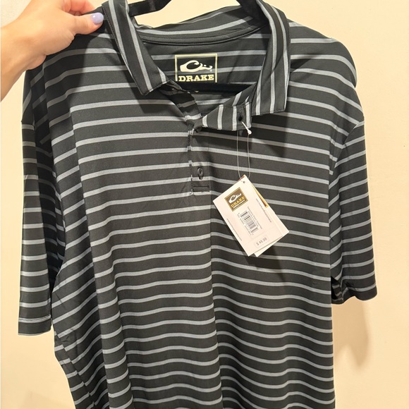 Drake Men's Polo Shirt - Black and Gray Stripes - Picture 1 of 2
